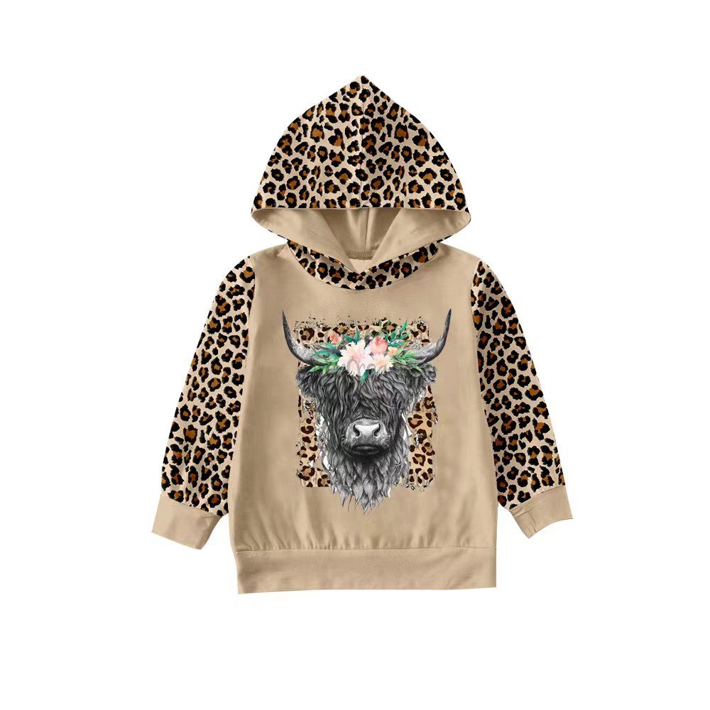 GT0069 Girls' Alpine Blossom Brown Leopard Print Hooded Long Sleeve Top