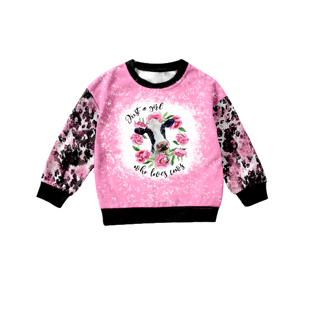 GT0077 Girls Cow Flower Pink Long Sleeve Top