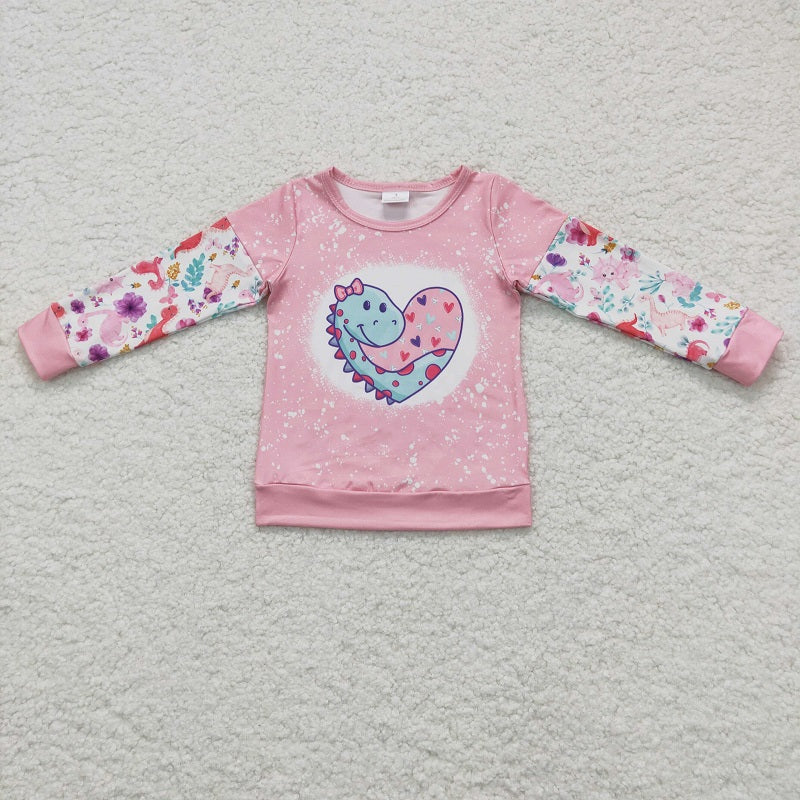 GT0087 Girls Pink Heart Dinosaur Long Sleeve Top