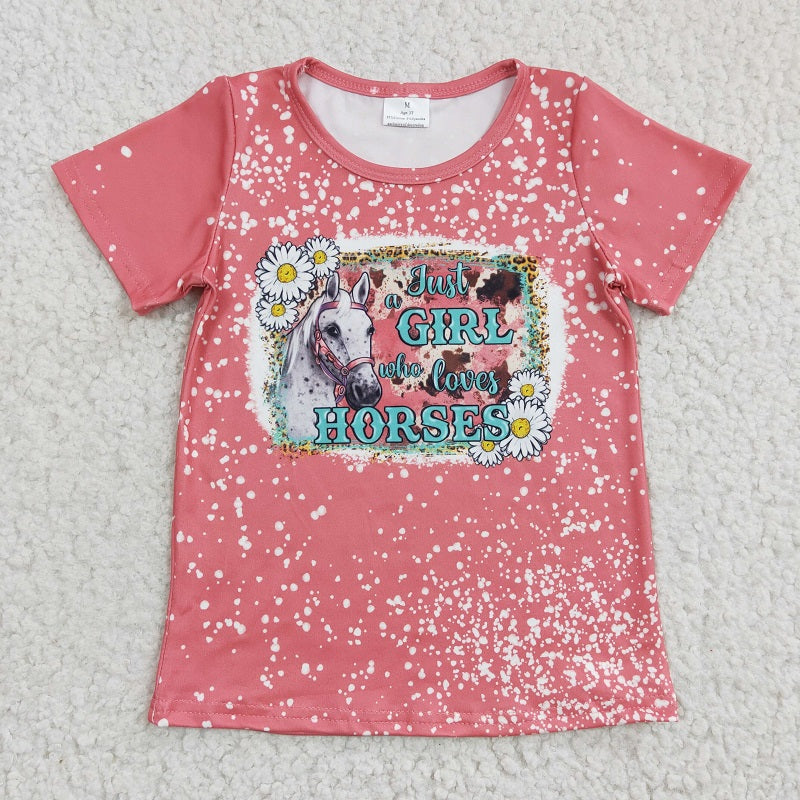 GT0095 Girls Horse Daisy Pink Short Sleeve Top