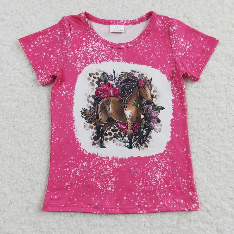 GT0122 Girls horse flower rose red short-sleeved top