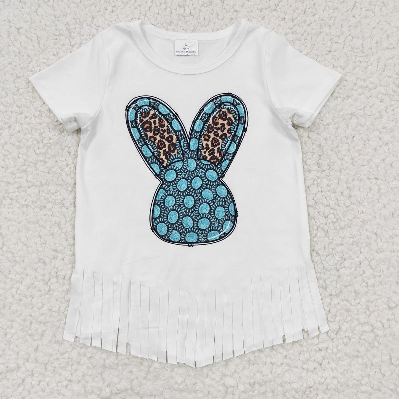 GT0136 Girls Gem Bunny White Tassel Short Sleeve Top