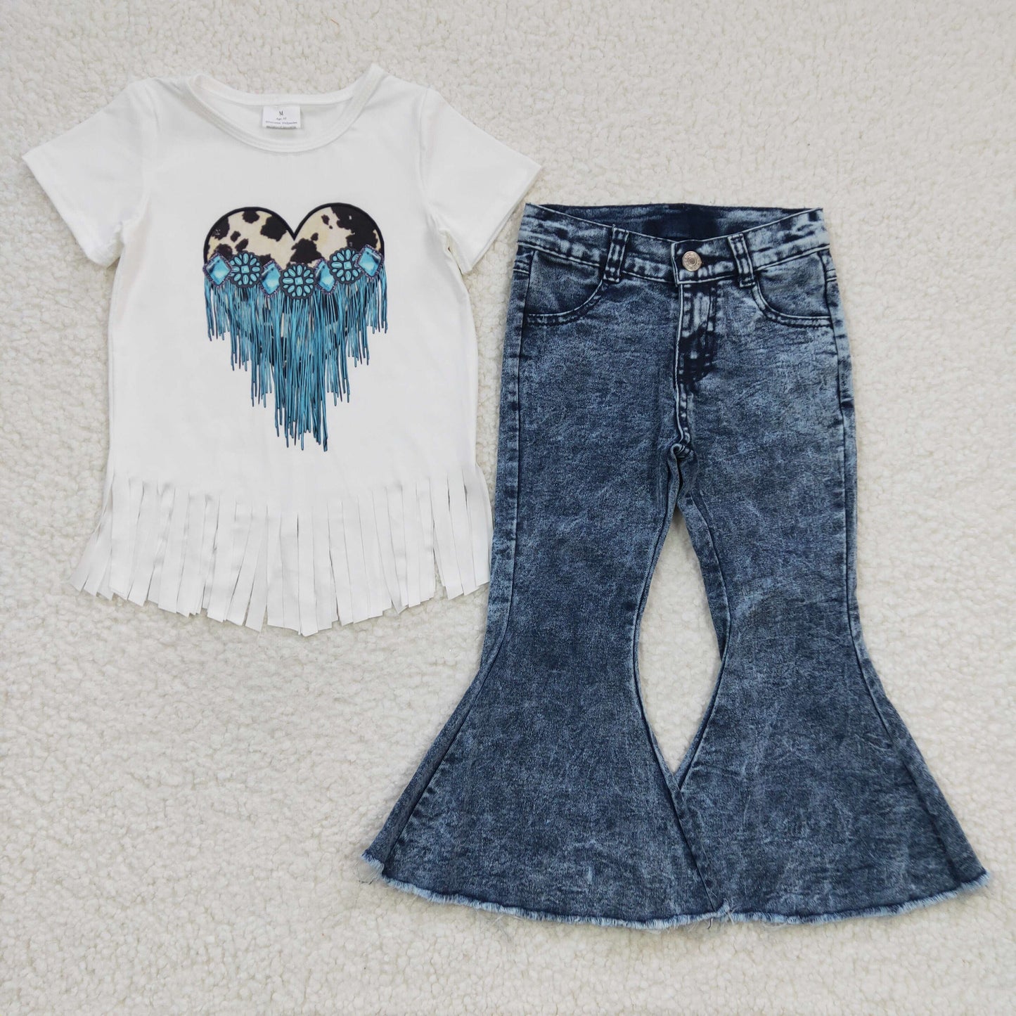 GT0137 Girls Heart Gem Tassel White Short Sleeve Top