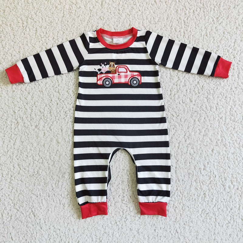 LR0016 Boys Embroidered Farm Car Black and White Striped Long Sleeve Bodysuit
