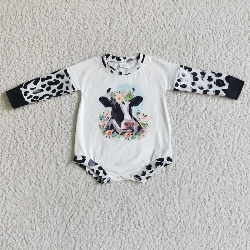 LR0026 Girls Cow Flower Black and White Long Sleeve Bodysuit D 7.12