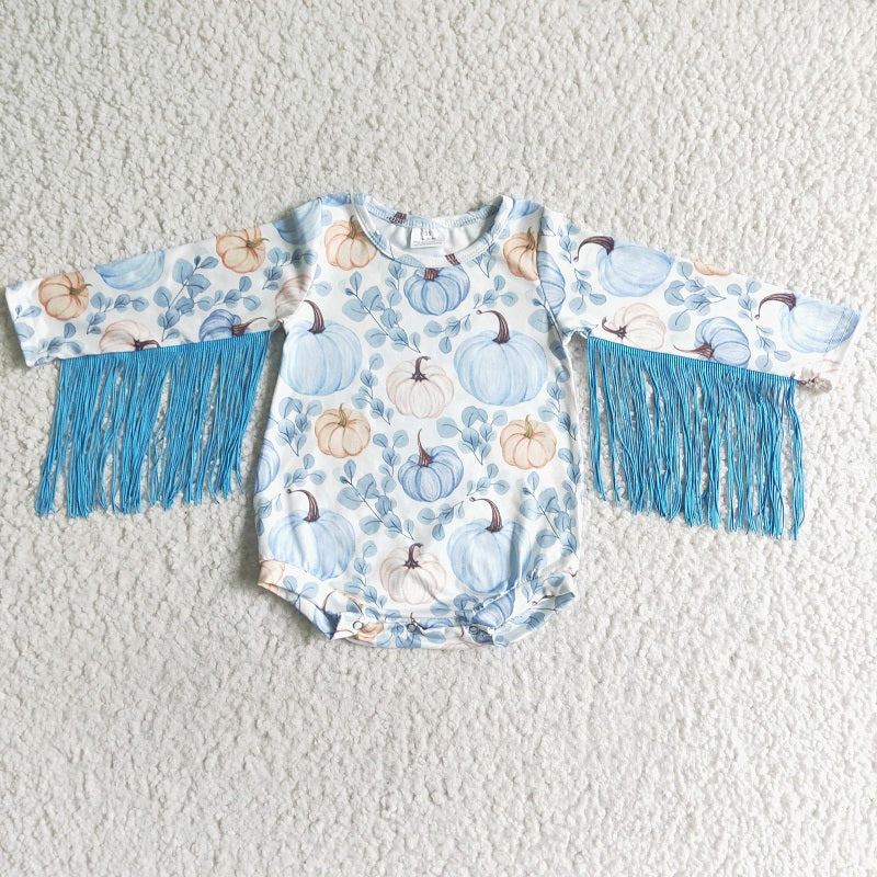 LR0047 Blue Pumpkin Fringe Long Sleeve Bodysuit Romper