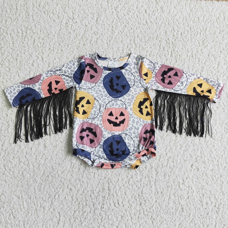 LR0048 Halloween Pumpkin Fringe Long Sleeve Bodysuit Romper