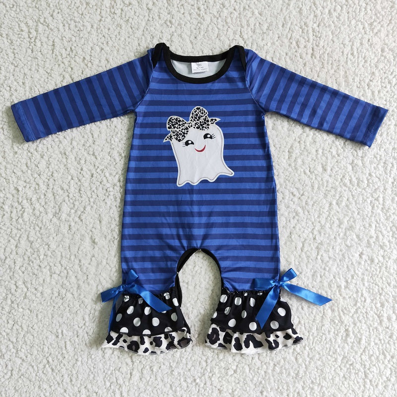LR0067 Girls Bow Ghost Blue Striped Long Sleeve Bodysuit