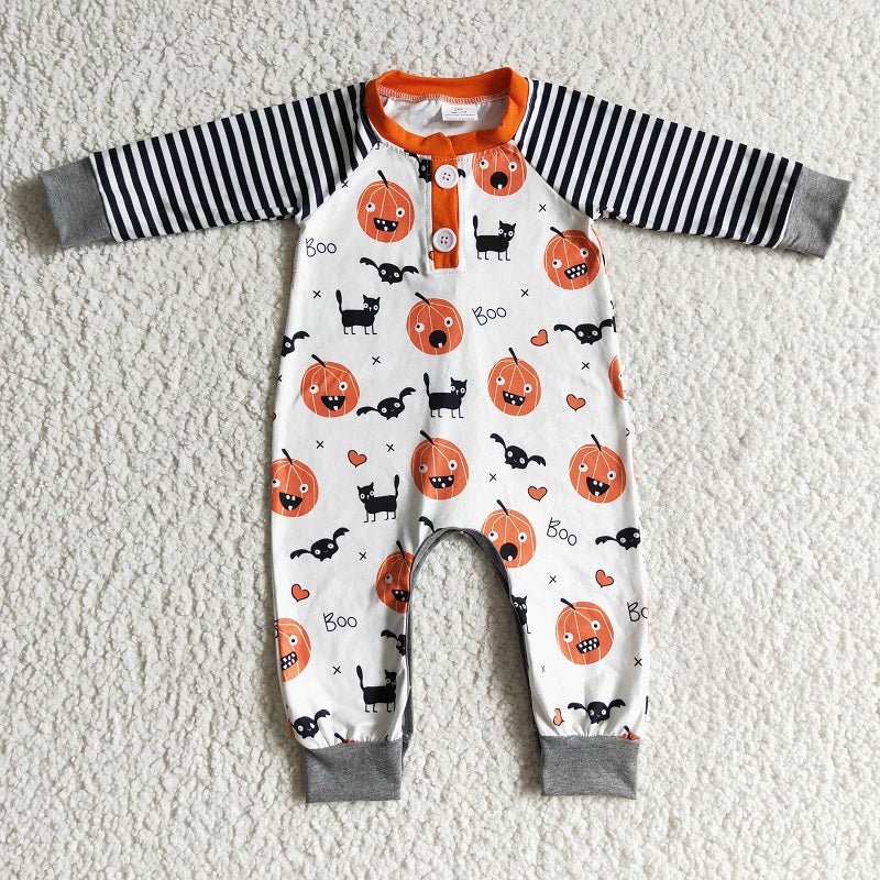 LR0140 Boys Halloween Pumpkin Cat Long Sleeve Bodysuit