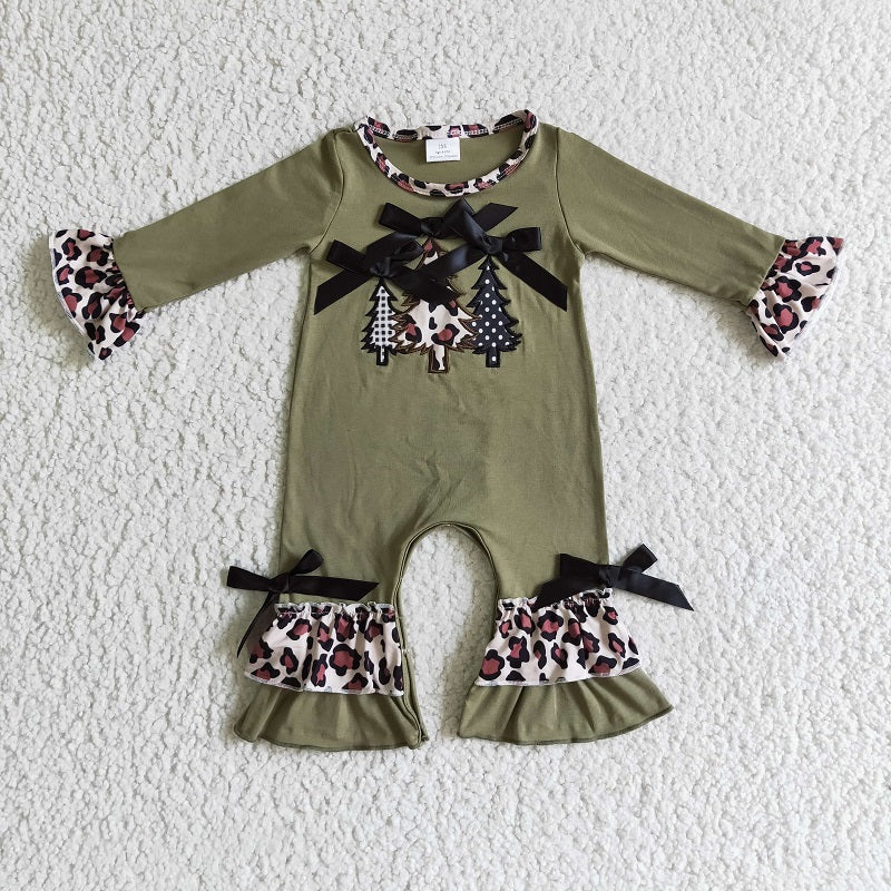 LR0166 Girls Embroidered Christmas Tree Green Long Sleeve Bodysuit