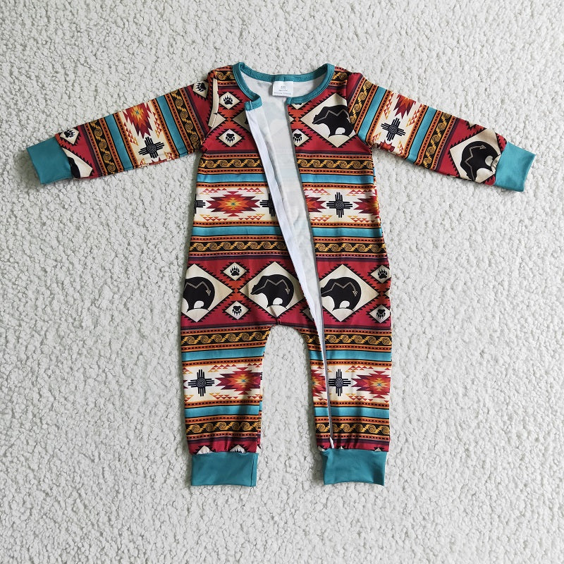 LR0183 Boys Bear Geometric Brown Long Sleeve Bodysuit