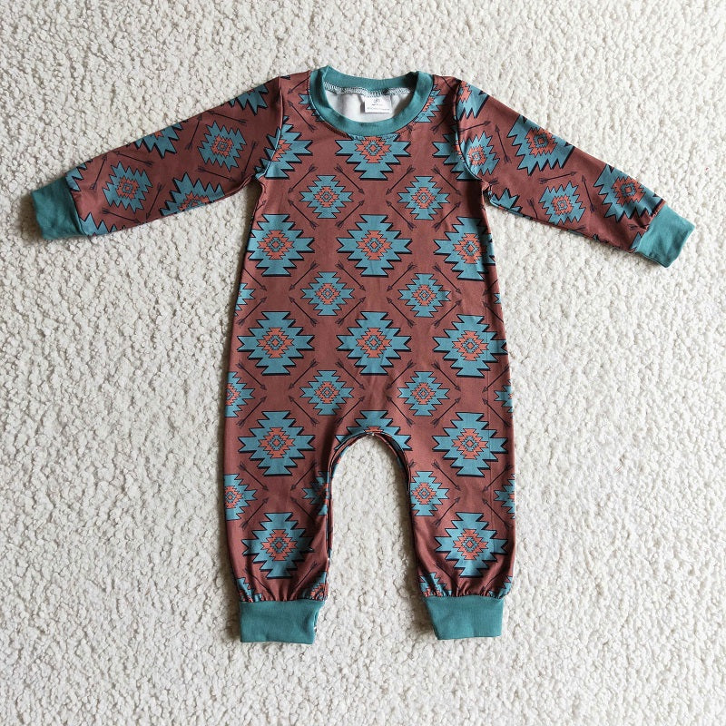 LR0187 Boys Geometric Pattern Brown Long Sleeve Bodysuit
