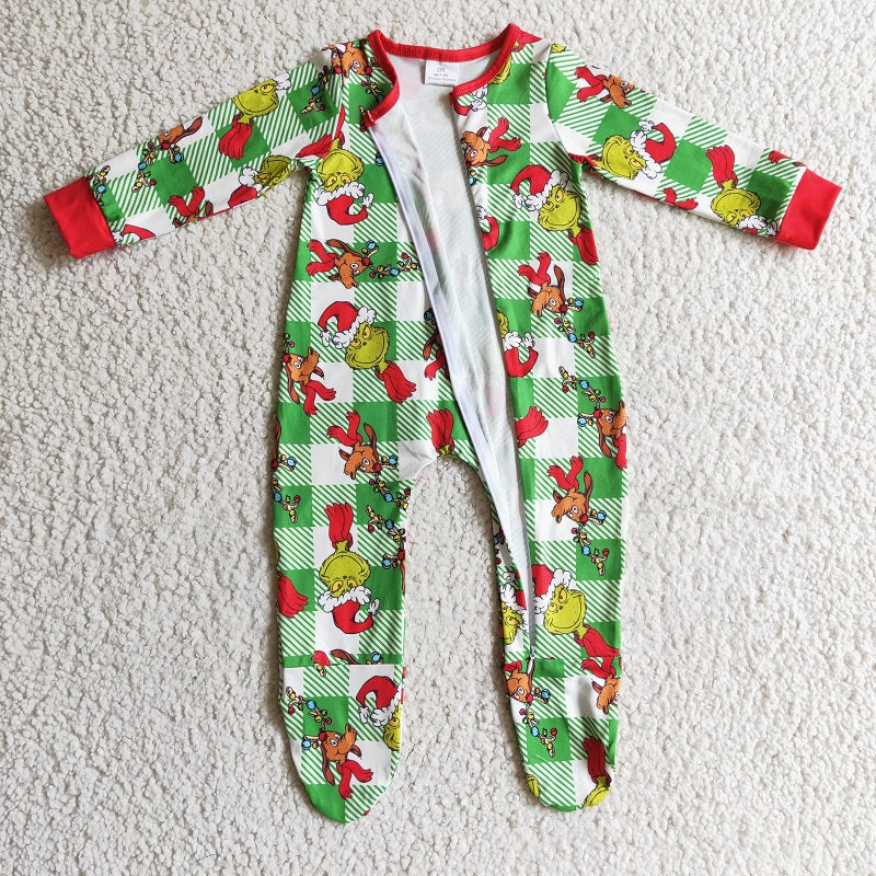 LR0194 Girl Cartoon Green Plaid Long Sleeve Bodysuit