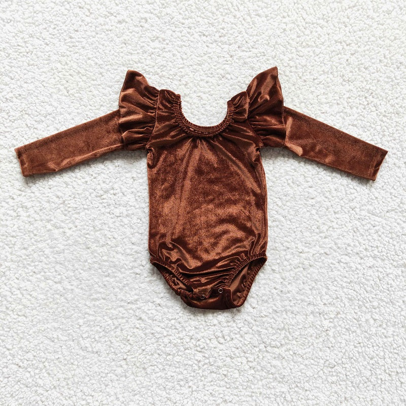 LR0207 Girls Brown Gold Velvet Long Sleeve Dance Romper