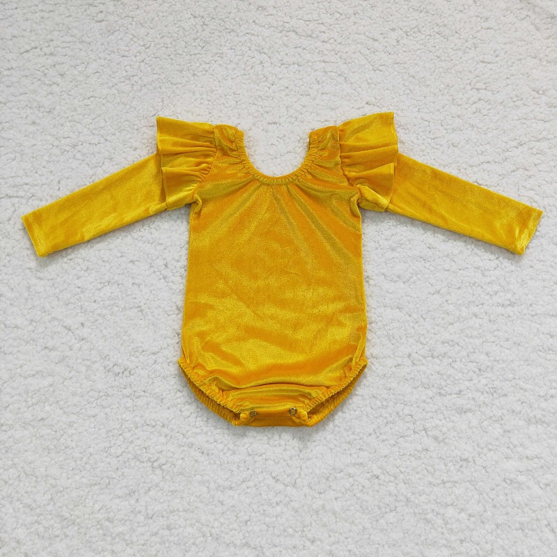 LR0210 Girls Orange Gold Velvet Long Sleeve Dance Romper
