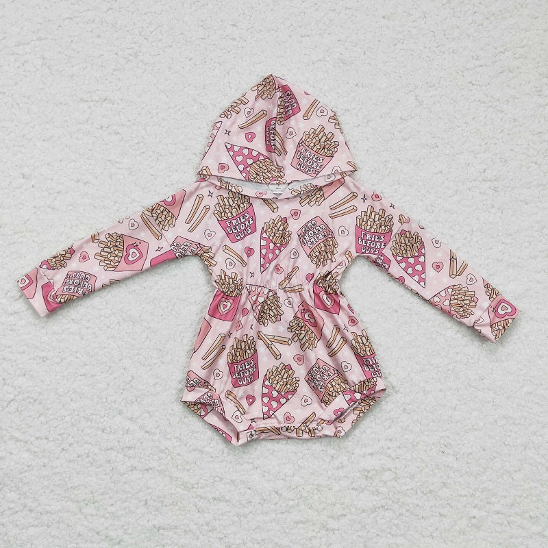 LR0244 Girls FRIES French Fries Pink Hooded Long-Sleeved Jumpsuit