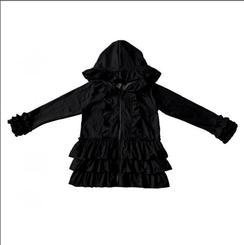 GT0016 BLACK COLOR COTTON LONG SLEEVE RUFFLE COAT