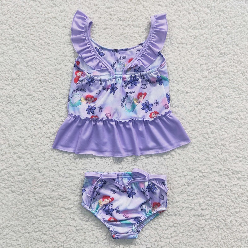 S0037 Baby Girls Mermaid Purple Flower Swimsuit Set