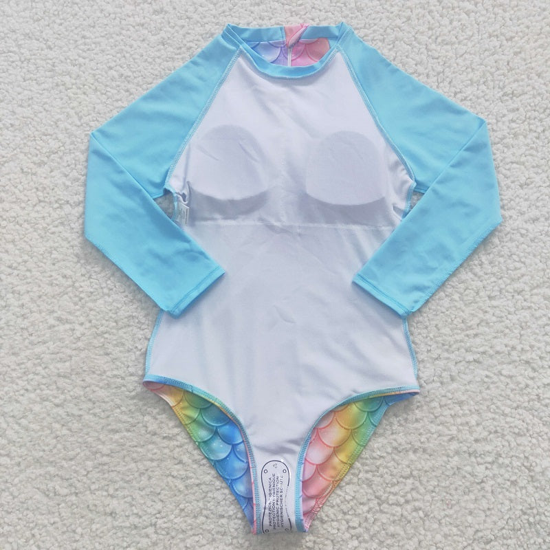 S0075 Colorful fish scale blue long-sleeve one-piece swimsuit