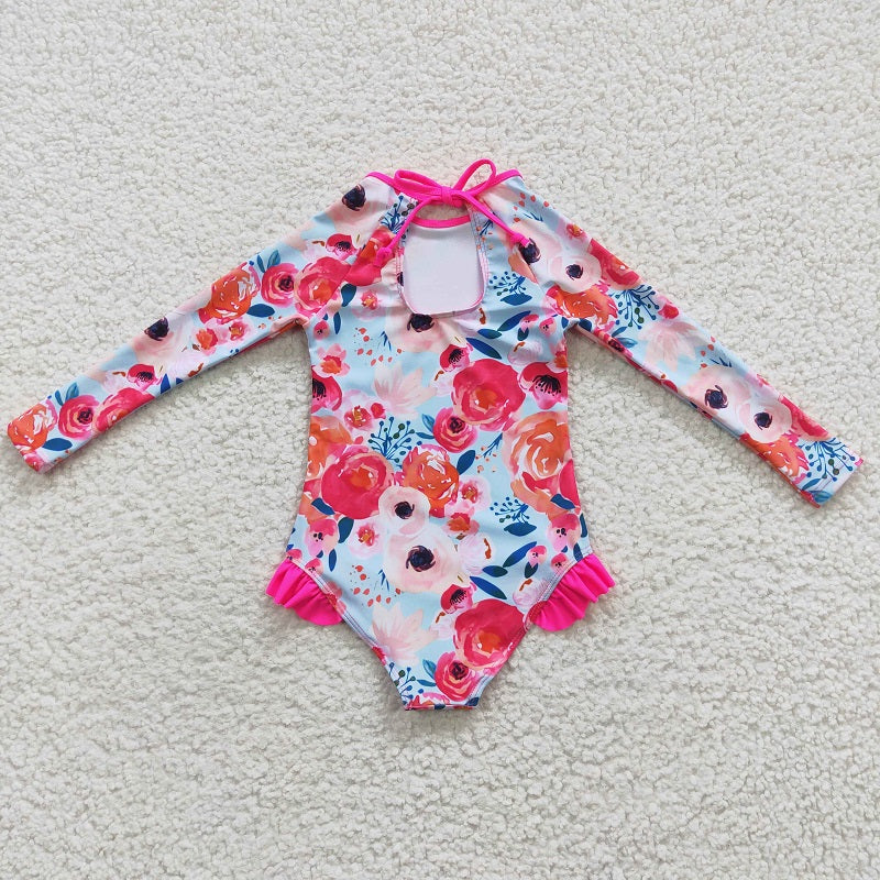 S0083 Rose Red Flower Long Sleeve One-Piece Swimsuit