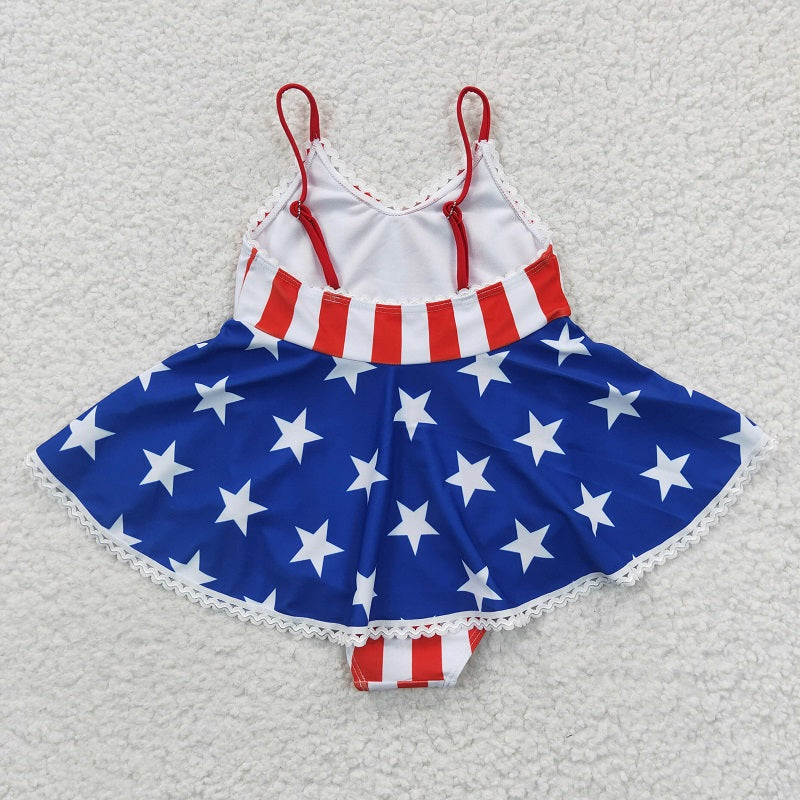 S0091 Girls' National Day Stars and Stripes Sling One-Piece Swimsuit