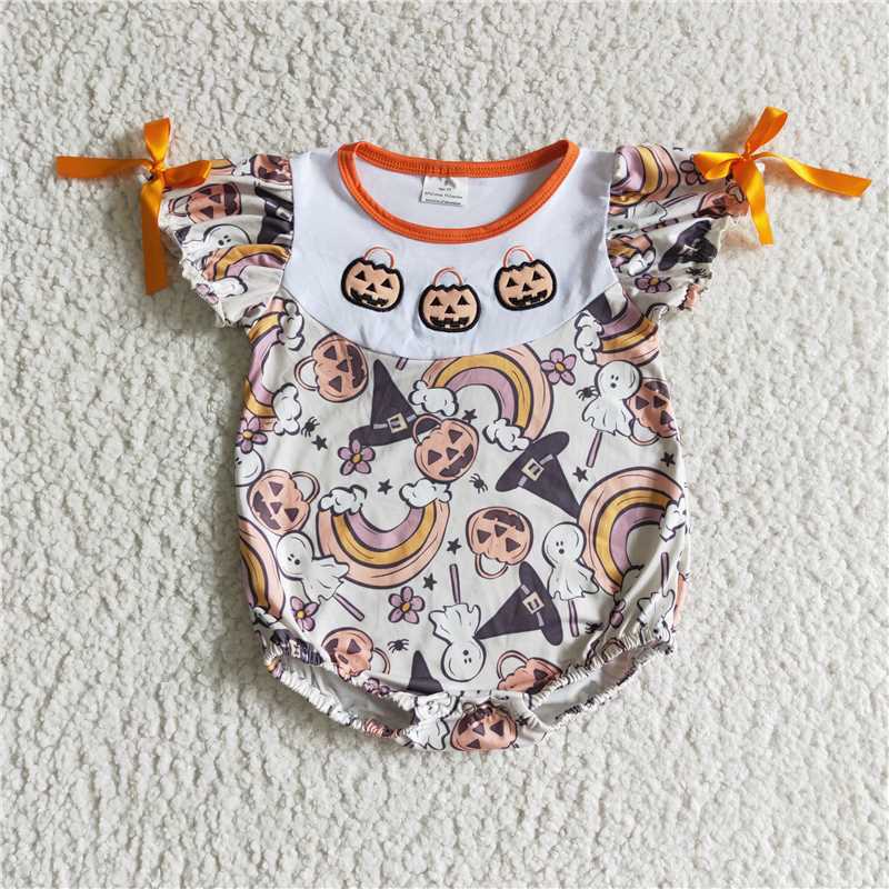 SR0086 Girls Halloween Rainbow Pumpkin Short Sleeve Romper Bodysuit