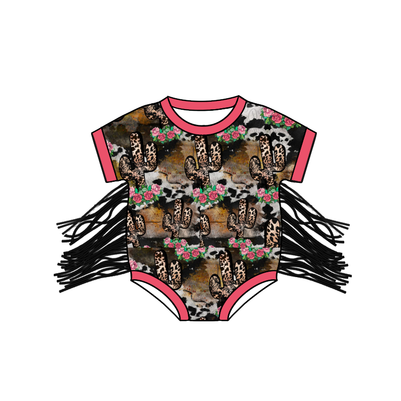 SR0108 Leopard Cactus Flower Fringe Short Sleeve Bodysuit D 4.16