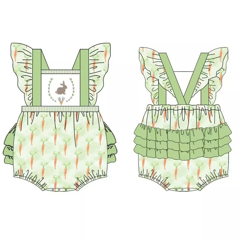 SR0112 Rabbit Carrot Green Flying Sleeve Bodysuit