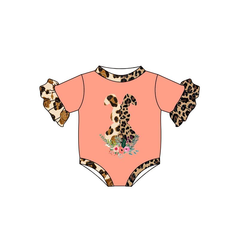 SR0117 Girls Leopard Bunny Orange Short Sleeve Bodysuit