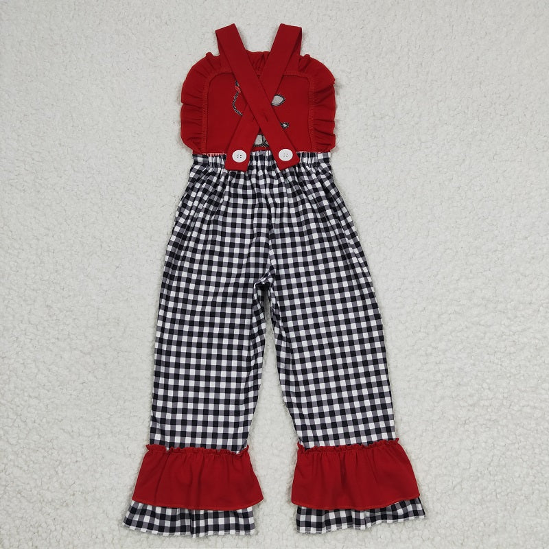 SR0165 Girls Embroidered cow red suspender jumpsuit