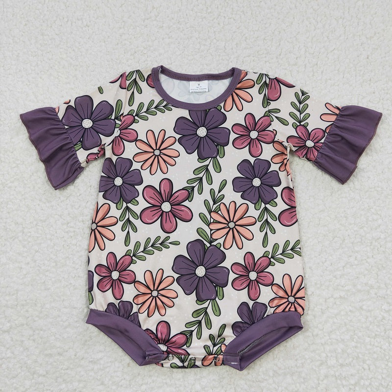 SR0168 Girls flower leaves short sleeve jumpsuit