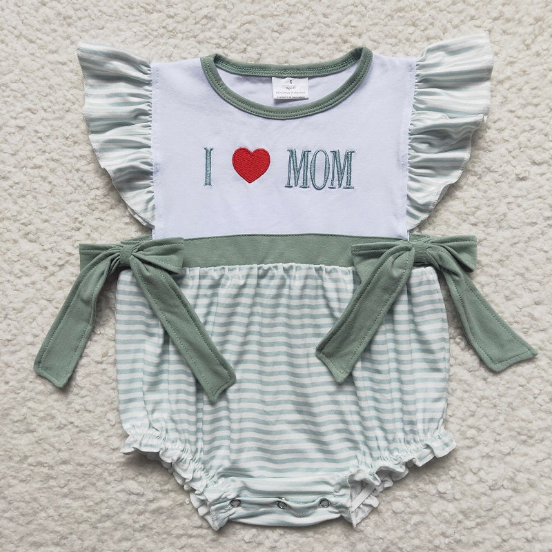 SR0237 Baby Girls Embroidered Heart MOM Green Flying Sleeve Jumpsuit
