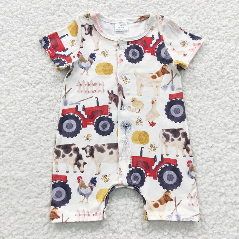 SR0279 Farm Cart Chicken Duck Donkey Short Sleeve Jumpsuit