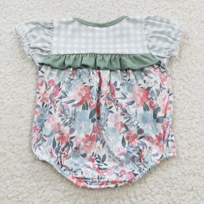 SR0345 Pink flower blue plaid short-sleeved jumpsuit