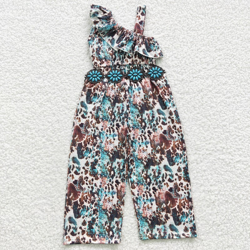 SR0366 Baby Girls ink pattern blue one-sided sleeve jumpsuit