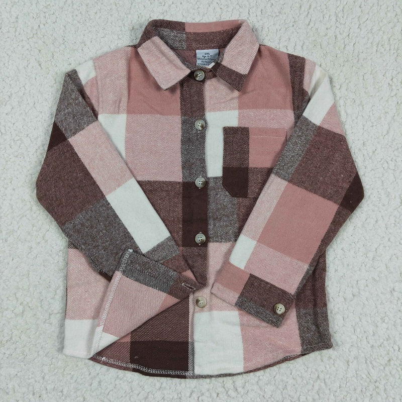 GT0073 Girls Pink Striped Plaid Long Sleeve Shirt
