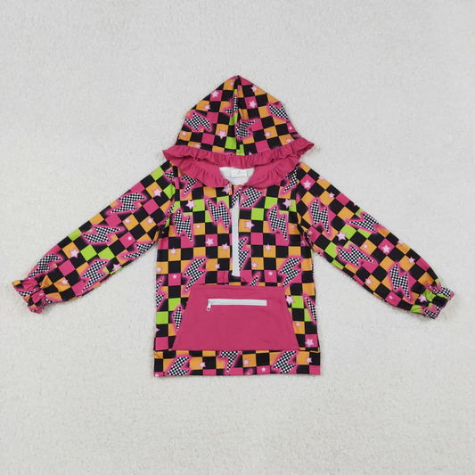 GT1117 lightning plaid pink ruffles hoodie kids girls pullover