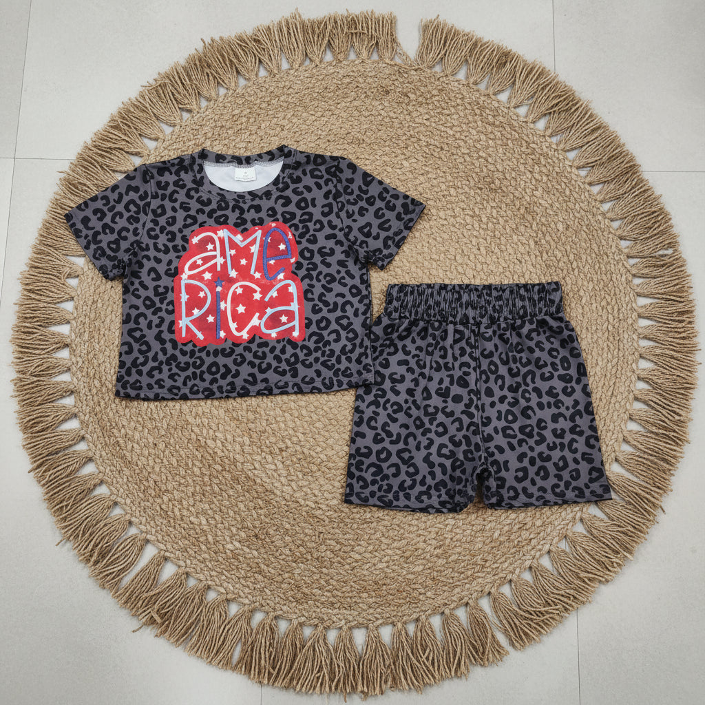 leopard america girl shorts set summer girl clothing