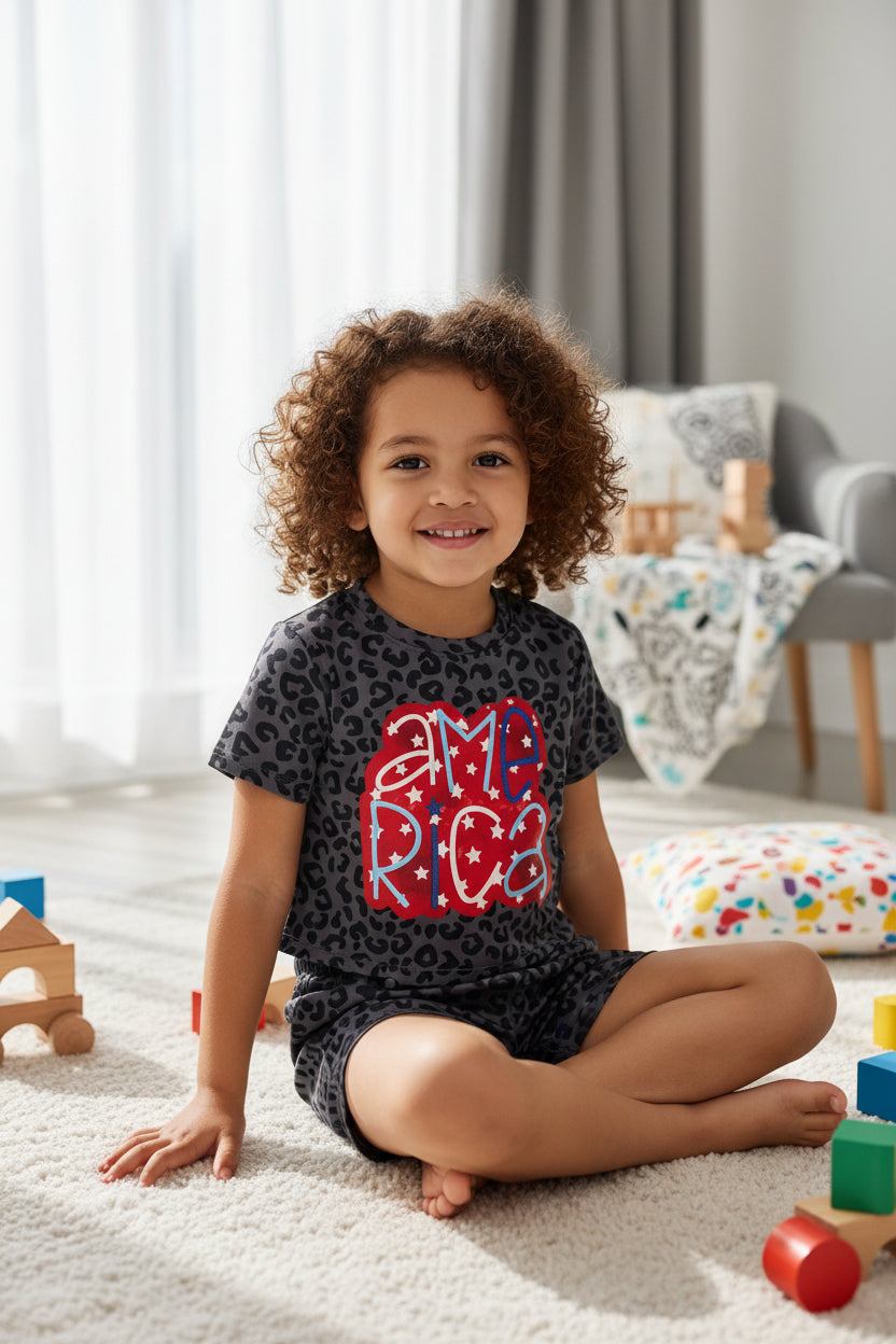 leopard america girl shorts set summer girl clothing