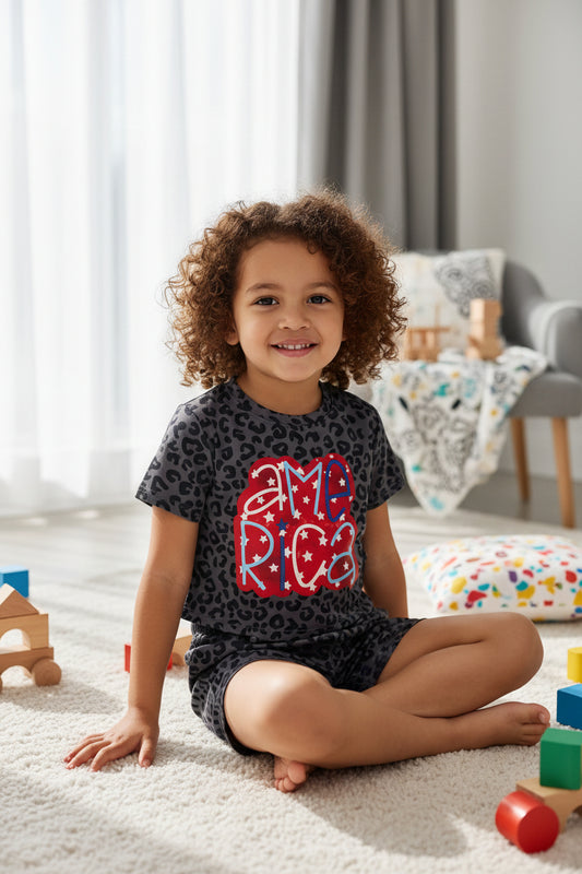leopard america girl shorts set summer girl clothing