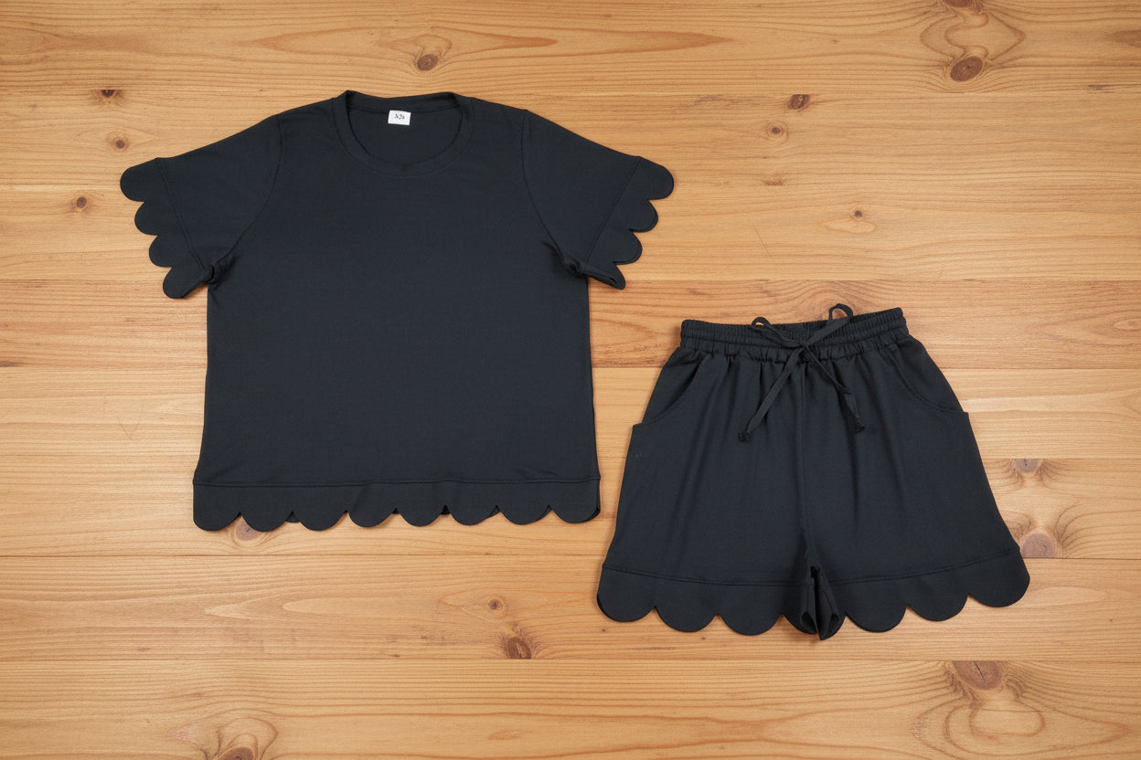 adult clothes women solid black scallop shorts set