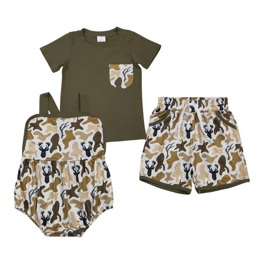RTS Sibling Baby Boys Shirt Top Deer Camo Pockets Short Hunting Clothes Set Strap Rompers