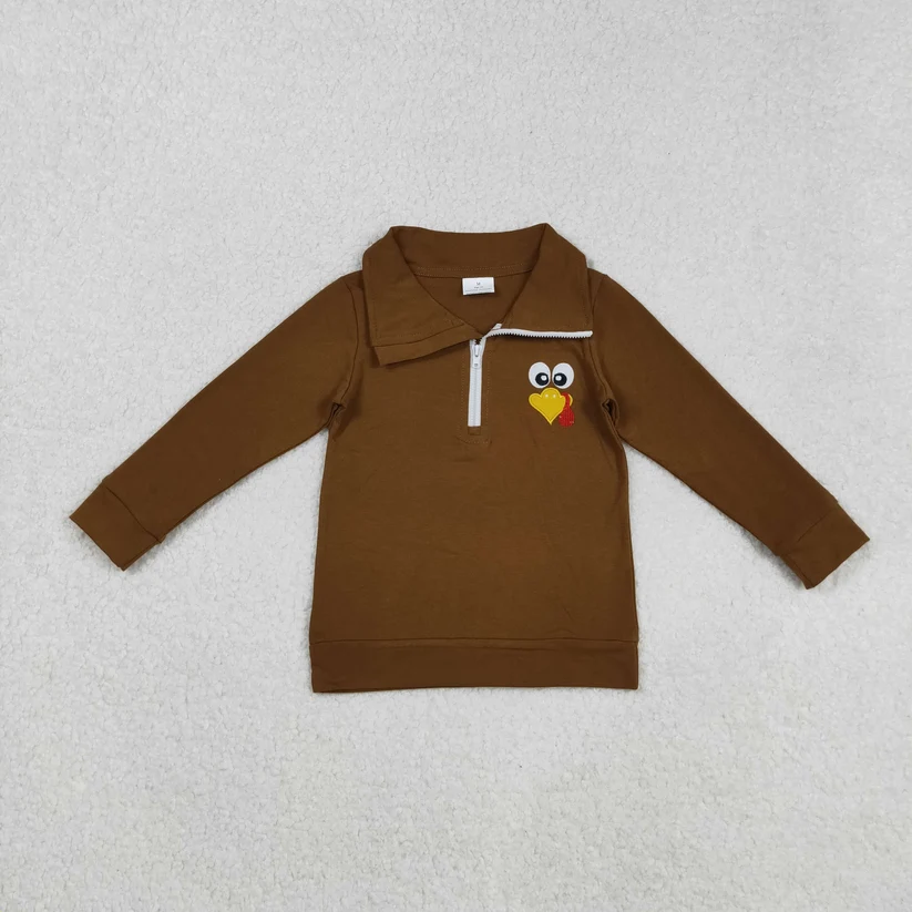 BT1265  brown zip up pullover with turkey pattern
