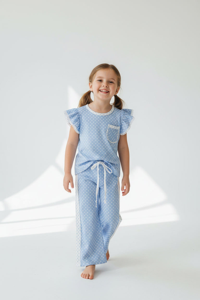 flutter sleeve blue white polk dots pants set