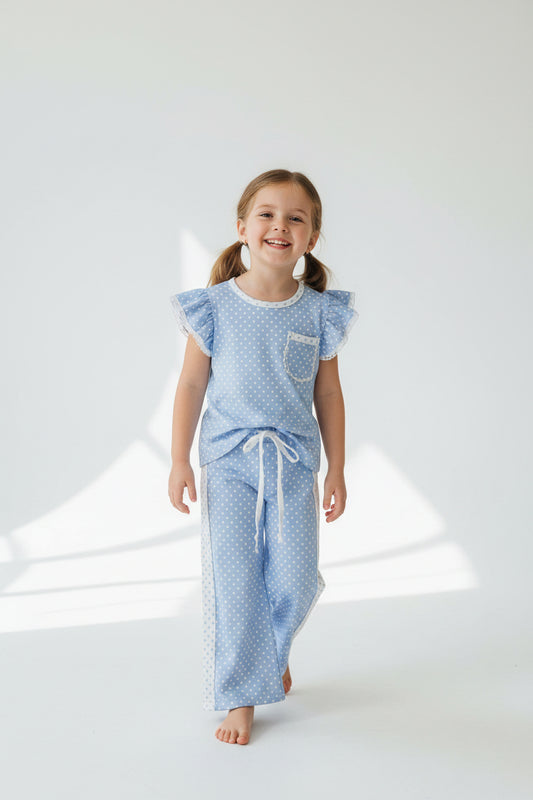 flutter sleeve blue white polk dots pants set