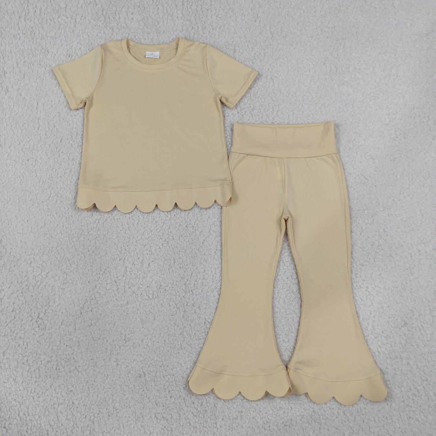 solid beige scallop girls outfit pants set