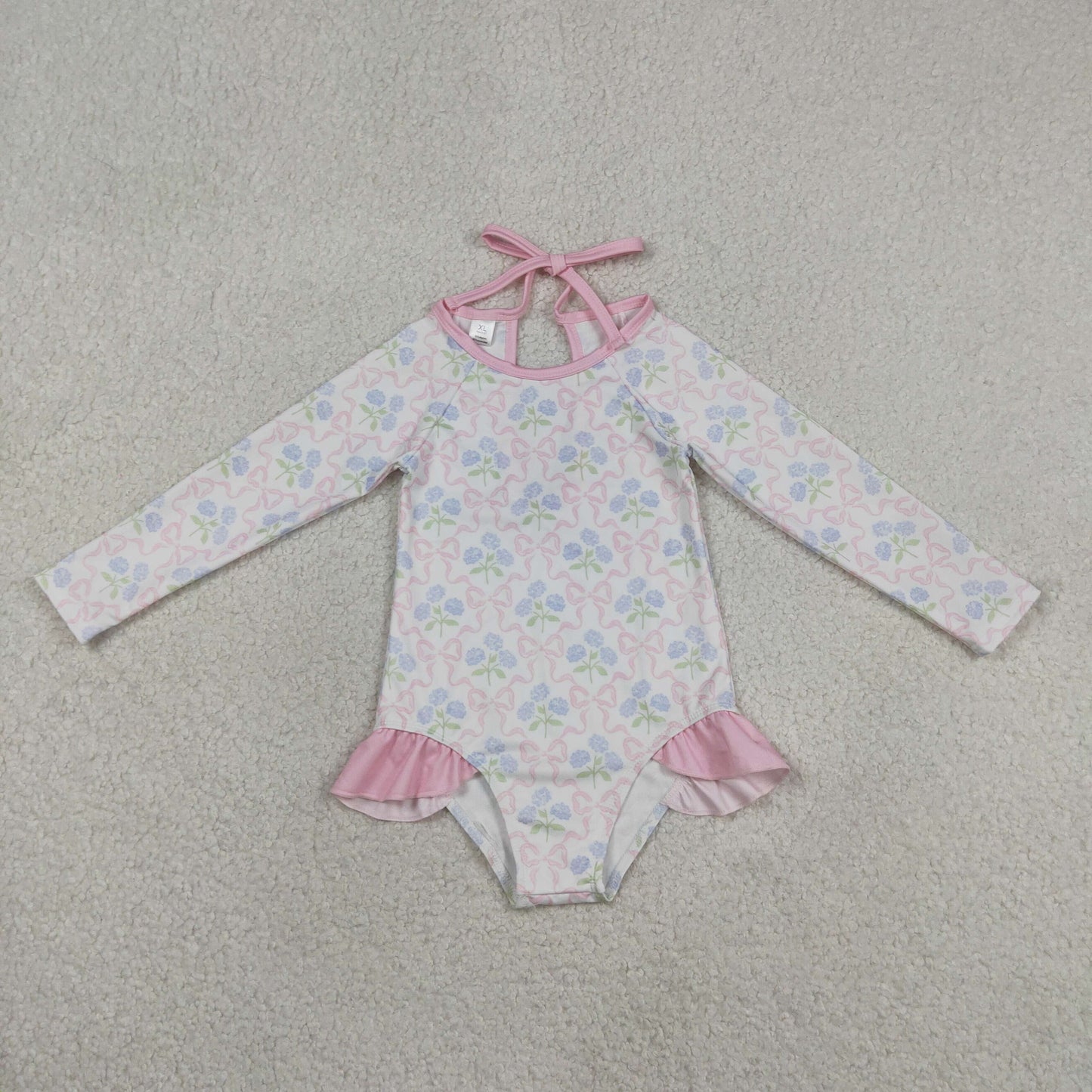 S0655 Blue Hydrangea Bouquet with Pink Bow Long Sleeve One Piece Rash Guard