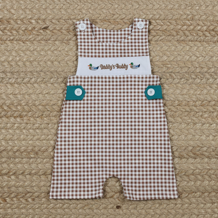 brown gingham daddy's buddy embroidery boy romper