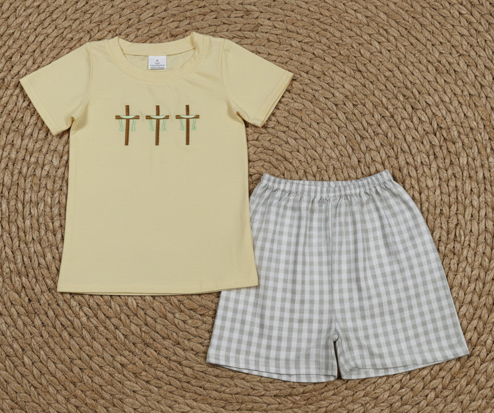 embroidery boy cross shorts set easter clothing