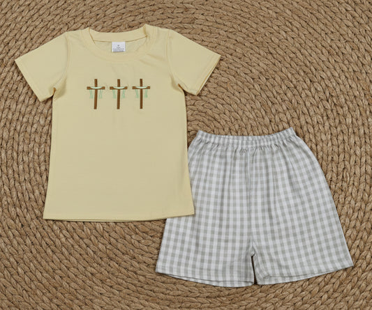 embroidery boy cross shorts set easter clothing